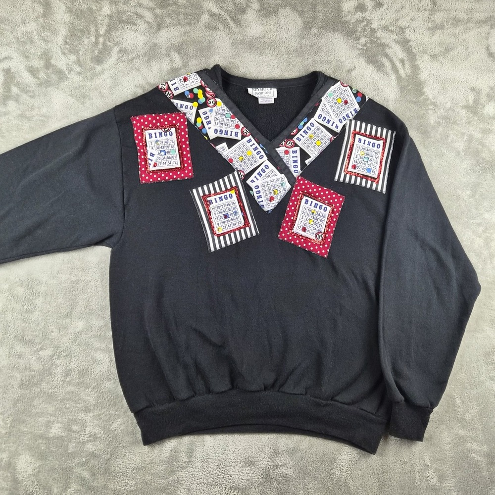 Vintage 90s Bingo Sweatshirt Womens XL Black Seymour Fashion Jerzees Made USA